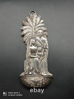 Ancient solid silver holy water font, Jesus, Mary, Joseph, religious, hallmarked