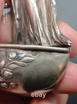 Ancient solid silver holy water font, Jesus, Mary, Joseph, religious, hallmarked