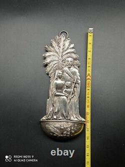 Ancient solid silver holy water font, Jesus, Mary, Joseph, religious, hallmarked