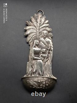 Ancient solid silver holy water font, Jesus, Mary, Joseph, religious, hallmarked