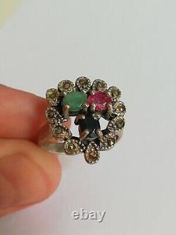 Ancient solid silver women's ring with marcasite and multicolored stones.