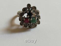 Ancient solid silver women's ring with marcasite and multicolored stones.