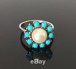 Antique 1920 Turquoises Real Pearl Ring From Sterling Silver Culture Ttd50