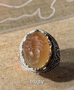Antique Afghan Ring, 20th Century, Solid Silver, Carnelian, Intaglio Scorpion