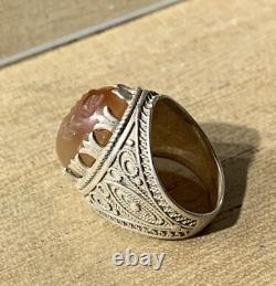 Antique Afghan Ring, 20th Century, Solid Silver, Carnelian, Intaglio Scorpion