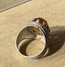 Antique Afghan Ring, 20th Century, Solid Silver, Carnelian, Intaglio Scorpion