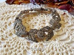Antique Art Deco Bracelet with Marcasites in Solid Silver 925 Leaf Hallmarks