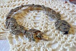 Antique Art Deco Bracelet with Marcasites in Solid Silver 925 Leaf Hallmarks