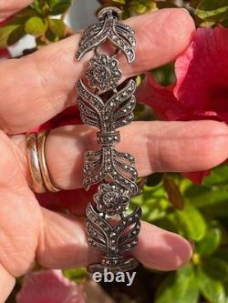 Antique Art Deco Bracelet with Marcasites in Solid Silver 925 Leaf Hallmarks