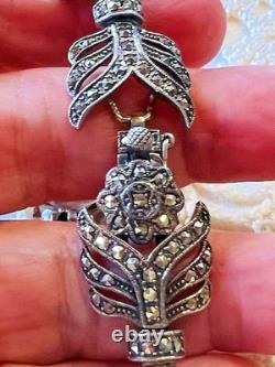 Antique Art Deco Bracelet with Marcasites in Solid Silver 925 Leaf Hallmarks