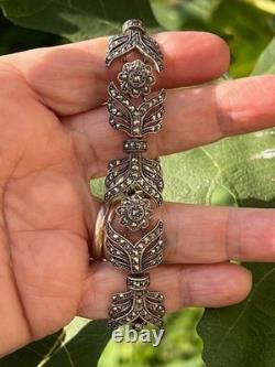 Antique Art Deco Bracelet with Marcasites in Solid Silver 925 Leaf Hallmarks Antique Art Deco Bracelet with Marcasites in Solid Silver 925 Leaf Hallmarks