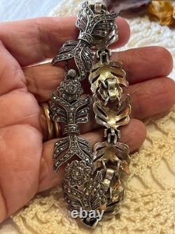 Antique Art Deco Bracelet with Marcasites in Solid Silver 925 Leaf Hallmarks