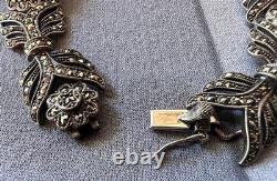 Antique Art Deco Bracelet with Marcasites in Solid Silver 925 Leaf Hallmarks