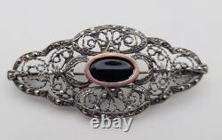 Antique Art Deco Silver and Gold Brooch with Central Onyx & Marcasites # D7