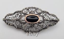 Antique Art Deco Silver and Gold Brooch with Central Onyx & Marcasites # D7