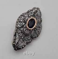 Antique Art Deco Silver and Gold Brooch with Central Onyx & Marcasites # D7