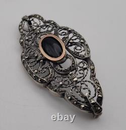 Antique Art Deco Silver and Gold Brooch with Central Onyx & Marcasites # D7