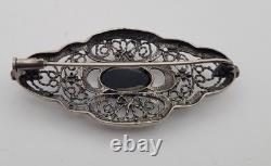 Antique Art Deco Silver and Gold Brooch with Central Onyx & Marcasites # D7
