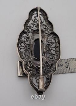 Antique Art Deco Silver and Gold Brooch with Central Onyx & Marcasites # D7