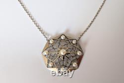 Antique Art Deco Sterling Silver Necklace with Cultured Pearls, 1930s, Star Marcasites