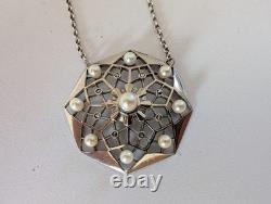 Antique Art Deco Sterling Silver Necklace with Cultured Pearls, 1930s, Star Marcasites