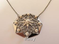 Antique Art Deco Sterling Silver Necklace with Cultured Pearls, 1930s, Star Marcasites