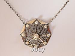 Antique Art Deco Sterling Silver Necklace with Cultured Pearls, 1930s, Star Marcasites