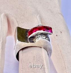 Antique Art Deco Tank Ring in Solid Silver/Vermeil & Stones to Identify Size T59/60