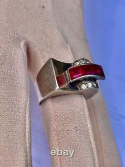 Antique Art Deco Tank Ring in Solid Silver/Vermeil & Stones to Identify Size T59/60