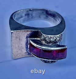 Antique Art Deco Tank Ring in Solid Silver/Vermeil & Stones to Identify Size T59/60