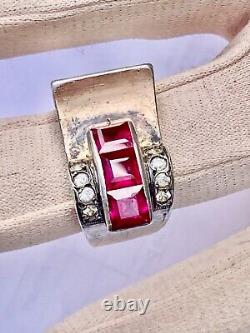 Antique Art Deco Tank Ring in Solid Silver/Vermeil & Stones to Identify Size T59/60