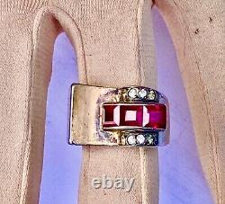 Antique Art Deco Tank Ring in Solid Silver/Vermeil & Stones to Identify Size T59/60