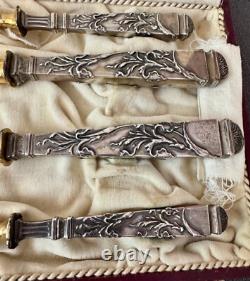 Antique Art Nouveau Cutlery Set, Handle in Solid Silver Mark 800