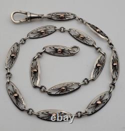 Antique Art Nouveau Pocket Watch Chain Solid Silver & 18K Gold # K4