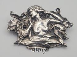 Antique Art Nouveau Sterling Silver Nymph Woman Flower Pendant Brooch #F5