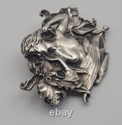 Antique Art Nouveau Sterling Silver Nymph Woman Flower Pendant Brooch #F5