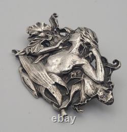 Antique Art Nouveau Sterling Silver Nymph Woman Flower Pendant Brooch #F5