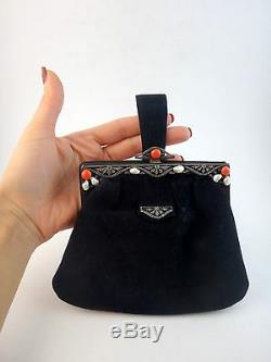 Antique Baroque Sterling Silver Baroque Coral Pearl Coral Art Deco Evening Bag