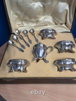 Antique Box with 4 Salt Cellars and a Mustard Pot in Solid Silver, Minerva Mark