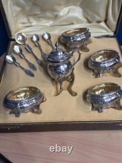 Antique Box with 4 Salt Cellars and a Mustard Pot in Solid Silver, Minerva Mark