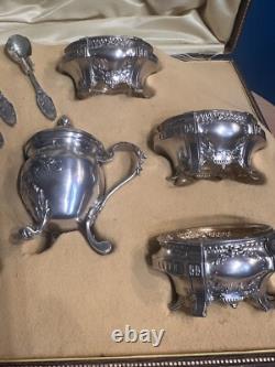 Antique Box with 4 Salt Cellars and a Mustard Pot in Solid Silver, Minerva Mark