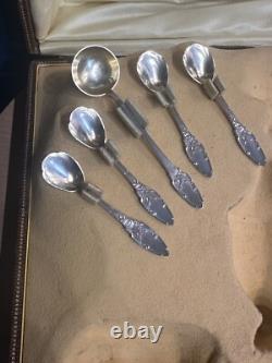 Antique Box with 4 Salt Cellars and a Mustard Pot in Solid Silver, Minerva Mark