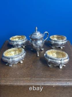 Antique Box with 4 Salt Cellars and a Mustard Pot in Solid Silver, Minerva Mark