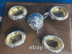 Antique Box with 4 Salt Cellars and a Mustard Pot in Solid Silver, Minerva Mark