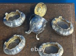 Antique Box with 4 Salt Cellars and a Mustard Pot in Solid Silver, Minerva Mark
