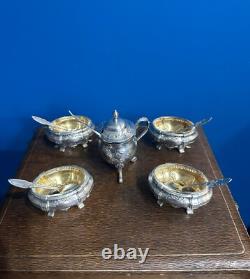Antique Box with 4 Salt Cellars and a Mustard Pot in Solid Silver, Minerva Mark
