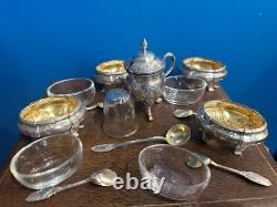 Antique Box with 4 Salt Cellars and a Mustard Pot in Solid Silver, Minerva Mark