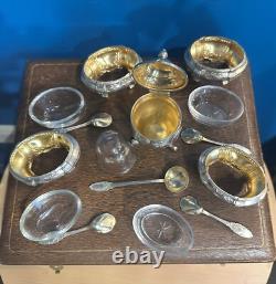 Antique Box with 4 Salt Cellars and a Mustard Pot in Solid Silver, Minerva Mark
