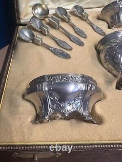 Antique Box with 4 Salt Cellars and a Mustard Pot in Solid Silver, Minerva Punch
