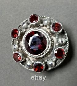 Antique Brooch Pendant Garnet Stones Set in Solid Silver